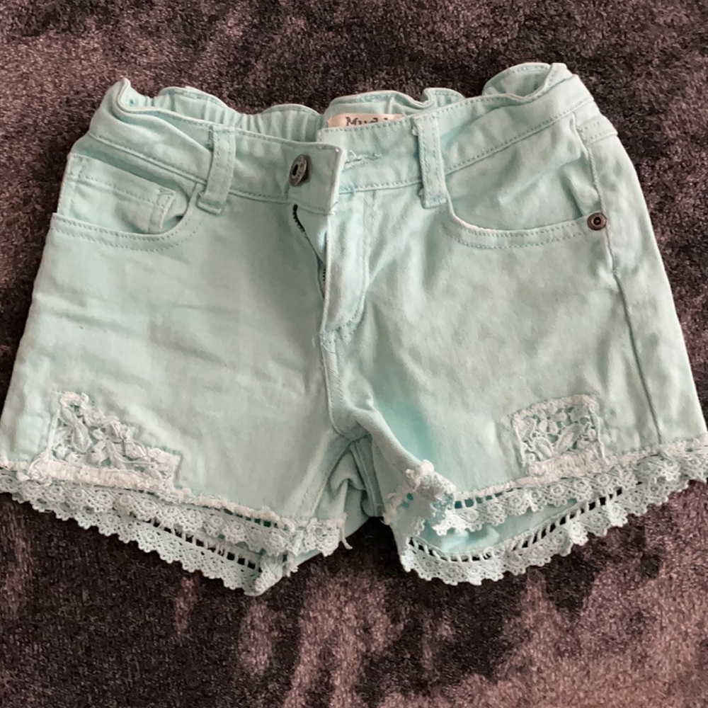 Aqua light blue Jean shorts with lace trim